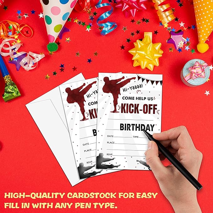 Karate Birthday Party Invitation, Martial Arts Themed Fill-In Invites, 20 Invitations With Envelopes for Man (4" X 6"), Adults Ninja Party Favors Decorations and Supplies -43