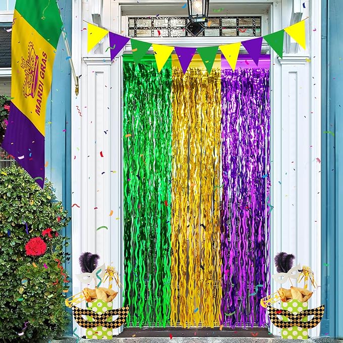 6 Pack 3.3Ft x 6.6Ft Mardi Gras Wavy Foil Fringe Curtain Backdrop Decorations, Purple Gold Green Metallic Tinsel Foil Streamers Curtain Photo Background for Mardi Gras Carnival Wedding Birthday Party