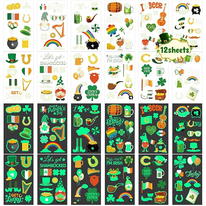 99 Pcs St Patricks Day Tattoos, 12 Sheet Luminous St Pattys Tattoos Saint Clover Accessories Temporary Tattoos Glow in the Dark Irish Shamrocks Decorations for Home Saint Patricks Gifts