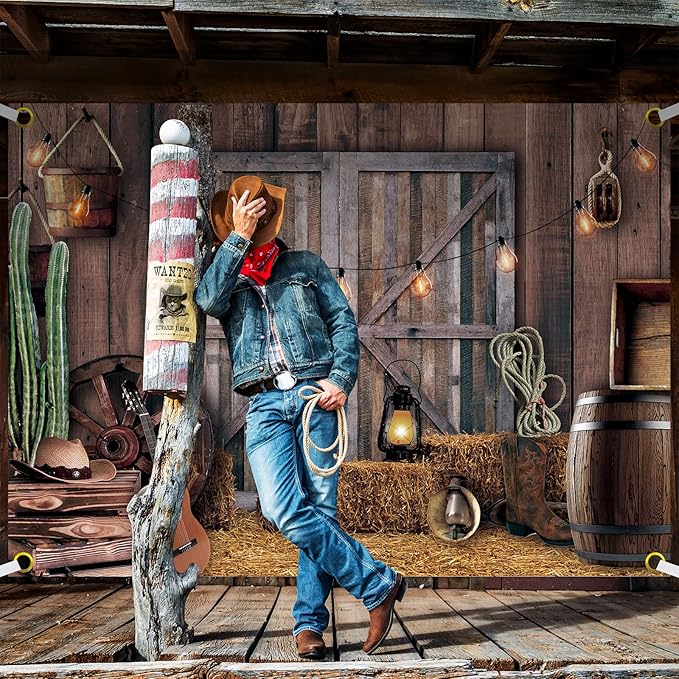 Moukeren 6.6 x 9.2 ft Western Party Backdrop Western Cowboy Party Decoration Wild West Decor Wooden House Barn Photo Background for Birthday Wedding Supply