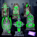 JOYIN 15.7” Halloween Decorations Outdoor Graveyard Tombstones Fluorescent, 7 Pcs Glow in The Dark with Black Light Spotlight Headstone with 12 Metal Stakes, Tombstone for Cemetery Outside Yard Decor