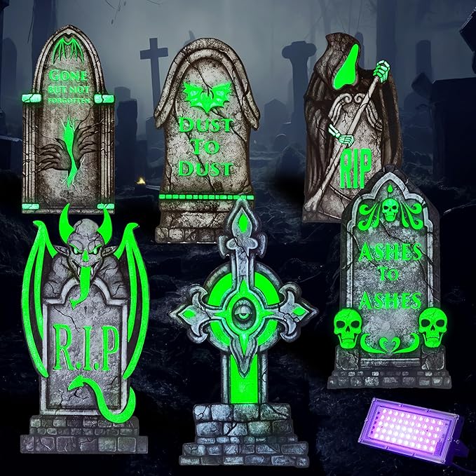 JOYIN 15.7” Halloween Decorations Outdoor Graveyard Tombstones Fluorescent, 7 Pcs Glow in The Dark with Black Light Spotlight Headstone with 12 Metal Stakes, Tombstone for Cemetery Outside Yard Decor