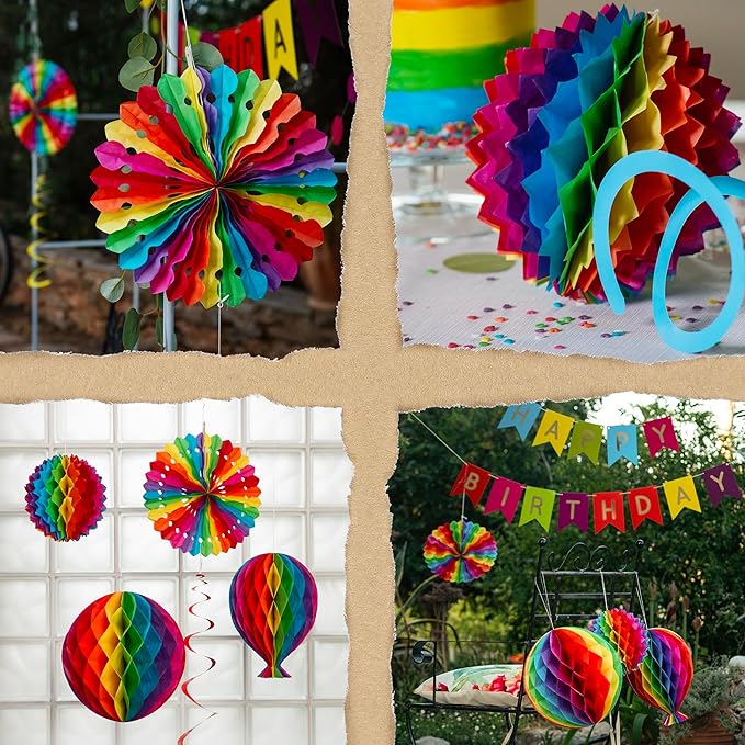 Premium Reusable Happy Birthday Decorations - Colorful Rainbow Birthday Decorations for Kids, Women, and Men - Multi-occasion Banner, Pennant Banner, Paper Fans - Party Decor by Itsy Bitsy Party Co