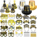 HOWAF 2026 New Year’s Eve Party Supplies, for 18 Guest, 2026 Happy New Year Party Decoration Include Cone Hats Tiaras Tassel Squawkers Glitter New Year Glasses 2026, Black and Gold Top Hats