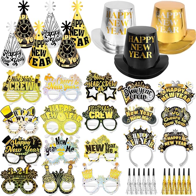HOWAF 2026 New Year’s Eve Party Supplies, for 18 Guest, 2026 Happy New Year Party Decoration Include Cone Hats Tiaras Tassel Squawkers Glitter New Year Glasses 2026, Black and Gold Top Hats