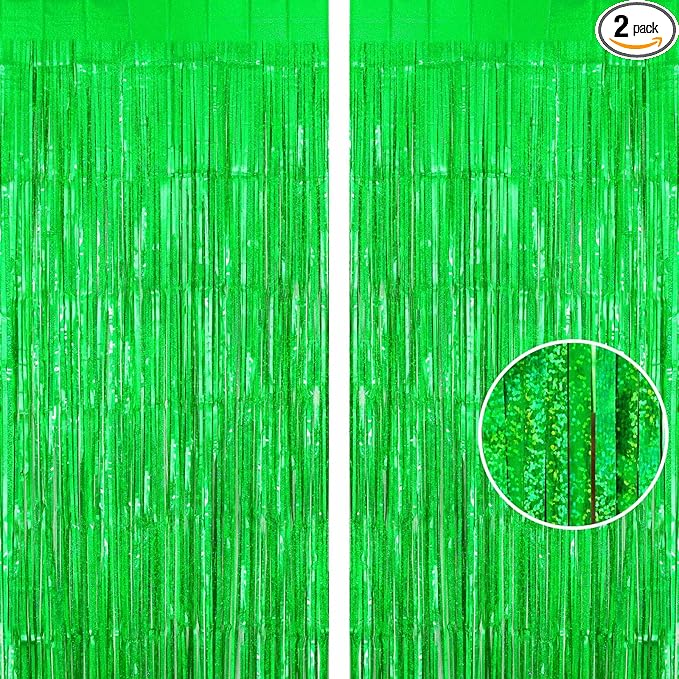 Green Tinsel Foil Fringe Curtain Backdrop, 3.3 x 8.2 ft Metallic Glitter Curtain Streamers, 2 Pack Green Photoboth for Birthday St Patrick's Day Christmas Party Decorations