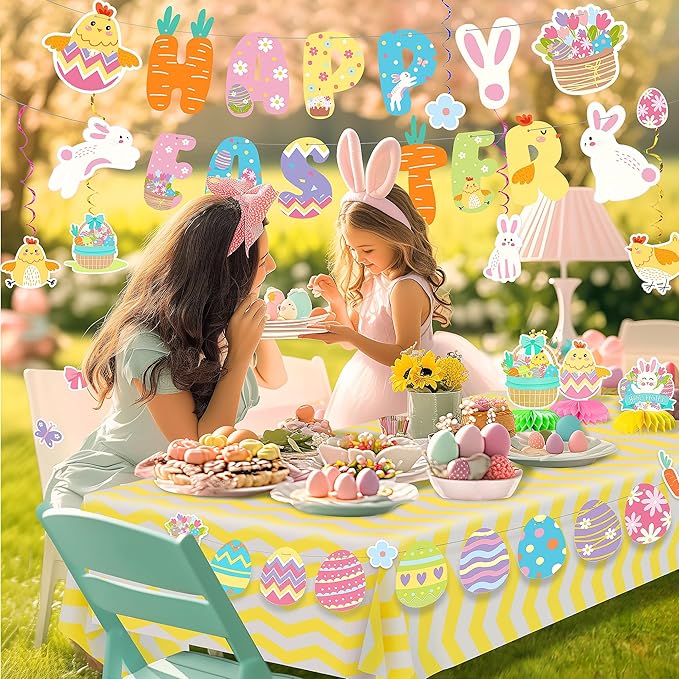 Party Spot! 60 pcs Easter Party Decorations Kit, "Happy Easter" Banner,Easter Centerpiece,Table Decorations,Hanging Swirls,Stickers,Tablecloth,Easter Party Supplies Indoor,Bunny Party