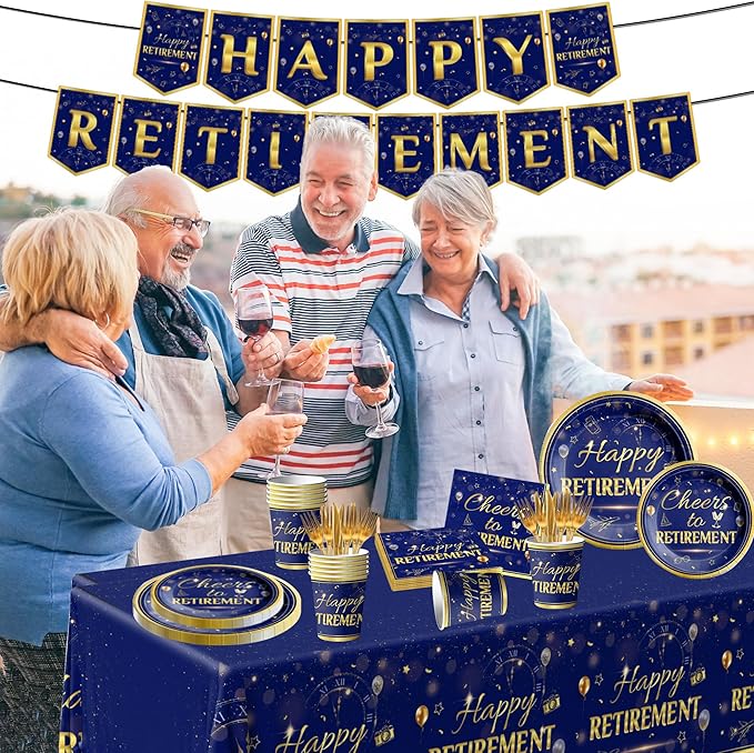 142Pcs Retirement Tableware Party Decorations Happy Retirement Party Supplies Blue Gold Plastic Disposable Banner,Cup,Tablecloth,Plates and Napkins Se