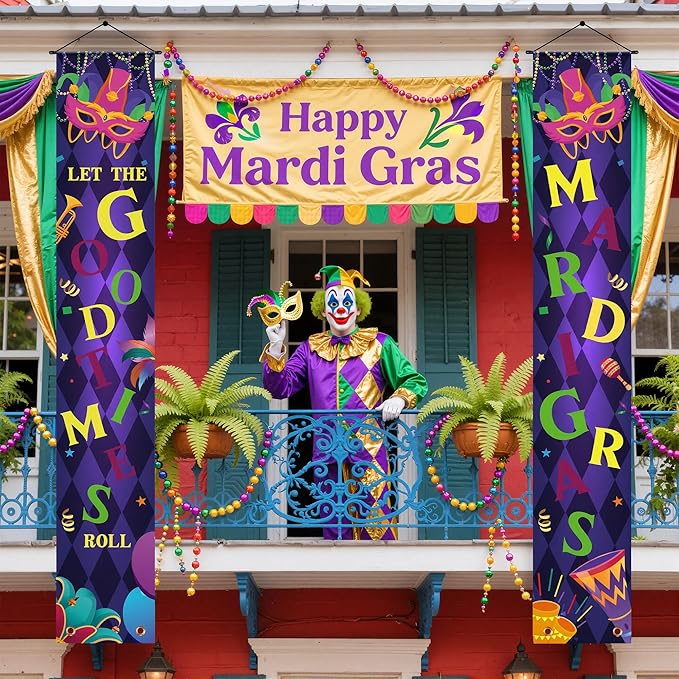 OHOME Mardi Gras Decorations - Masquerade Party Porch Banner | Mardi Gras Decorations for Indoor Outdoor Outside - New Orleans Party Holiday Hanging Backdrop Sign Favors Supplies for Home Wall Door