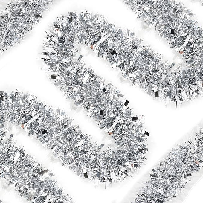 50 FT Silver Christmas Tinsel Garland Christmas Decorations for Xmas Tree Decor Metallic Twist Shiny Hanging Garlands for Tree Mantel Stairs Fireplace Home Indoor Outdoor Holiday Decor Party Supplies