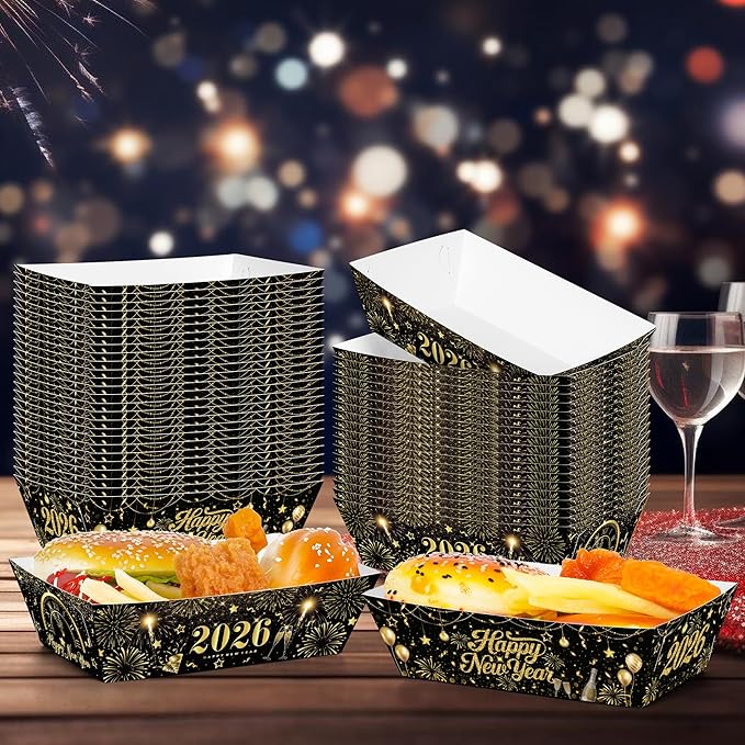 50Pcs New Year Eve Food Trays, 5.94" x 3.34" x 2.16" NYE Party Supplies 2026 Food Boats, Black Gold Serving Trays for Hot Dog Popcorn Taco, Disposable Snack Boats for New Year Decorations