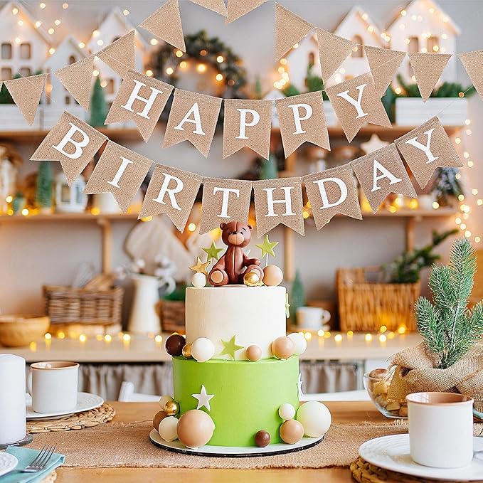 Irenare 4 Pieces Happy Birthday Banner Colorful Birthday Party Decor Rainbow Felt Garland Banner Rainbow Party Decorations Supplies(Linen)