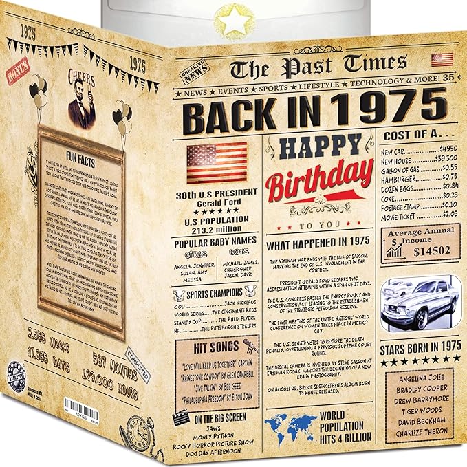 51st Birthday Card for Women Men - Back In 1975 Newspaper - 51 st Happy BIRTHDAY card - 51 birthday gift for Her Him - JUMBO size - 51st birthday decorations Dad Mom - Best gifts for 51 year old