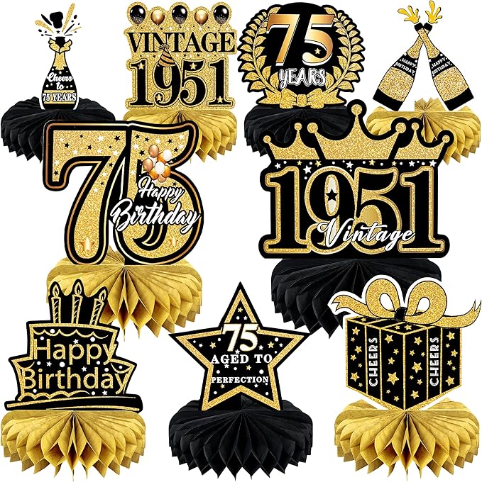 9 Pcs 75th Birthday Decoration 75 Birthday Party Decorations for Men Women 75 Years Birthday Tables Decorations Cheers to 1950 Centerpieces Honeycomb Black and Gold 75th Birthday Party Favors