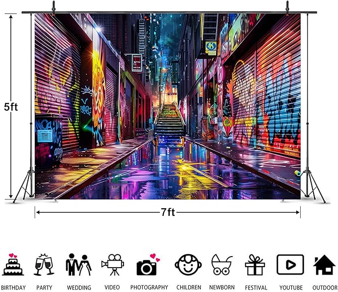 Imirell Graffiti Street Backdrop 7Wx5H Feet Neon Wall Hip Hop Retro 80s 90s Cool Funny Colorful Painting Art Polyester Fabric Modern Photography Backgrounds Photo Shoot Decor Props Decoration