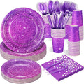Hushee 175 Pcs Purple Holographic Print Party Supplies Guests Disposable Dinnerware Set Include Paper Plates, Napkins, Cups, Plastic Cutlery for Wedding Birthday Disco Bachelorette