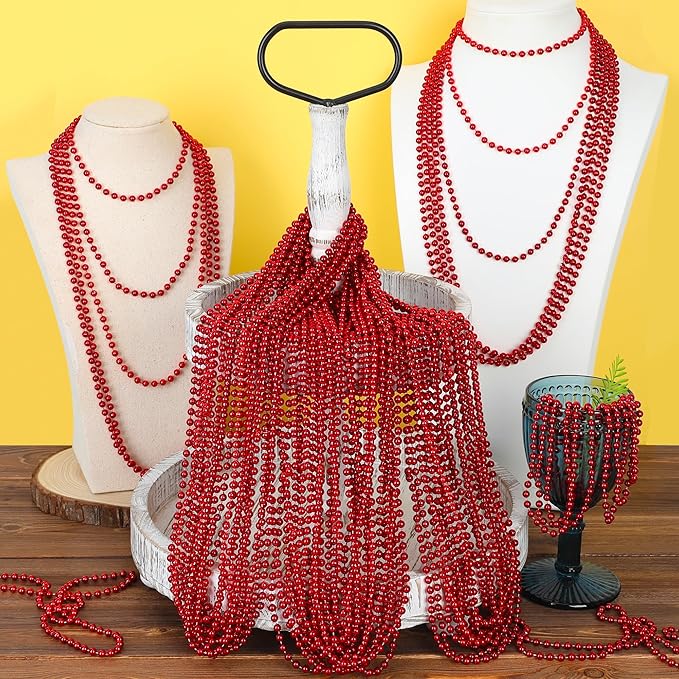 100PCS Mardi Gras Beads, Red Beads Party Favors, 33" Toy Necklaces Festival Costumes, Festival Parade Throw Accessories for Weddings Valentines Christmas Celebrations Decor