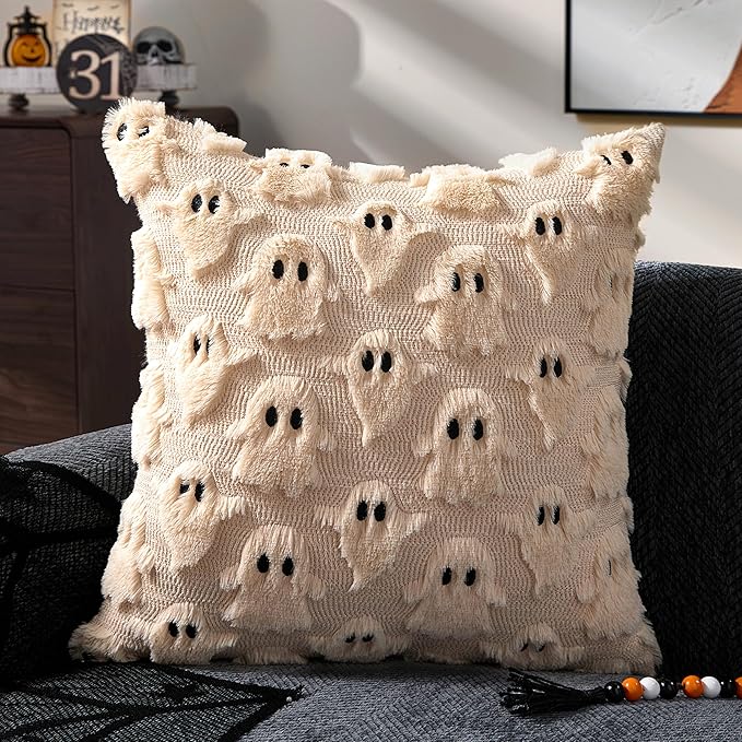 DFXSZ Halloween Pillow Covers 18x18 inch Set of 2 Beige Ghost Throw Pillow Cases Soft Plush Faux Fur Wool Couch Cushion Case for Chair Sofa Bedroom Living Room Home Decor PTK03D18