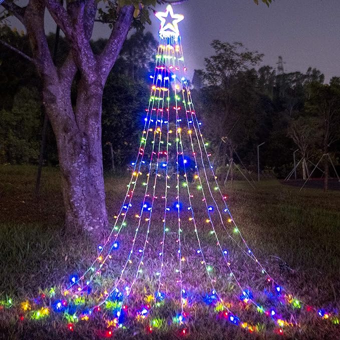 Christmas Decoration Star Lights, 320 LED 16.4Ft Outdoor Christmas Tree String Lights with Plastic Star Toppers [8 Modes& Waterproof] for Christmas New Year Holiday Birthday Decor (Multicolor)