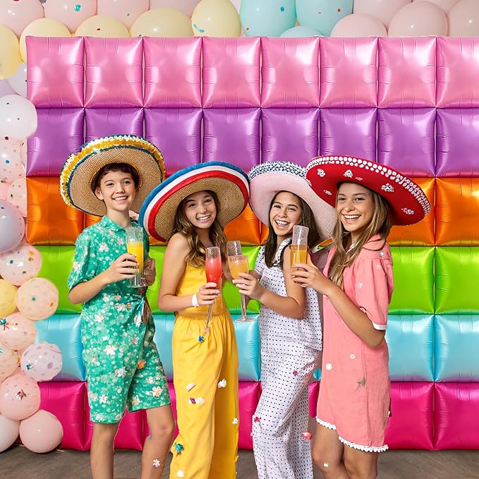 HOMEZZO Fiesta Theme Balloon Wall Backdrop - 50 PCS Rainbow Square Double Sided Square Foil Balloons for Mexican Fiesta, Cinco de Mayo, Birthday, Taco Party Decorations