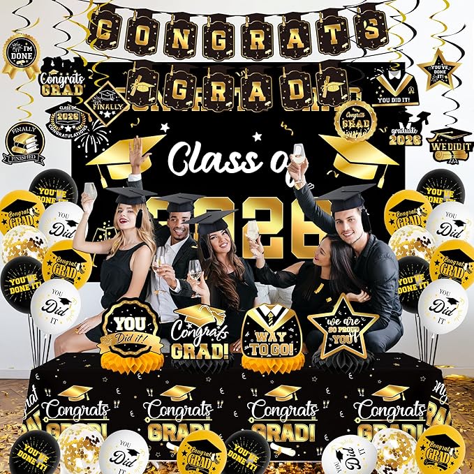 Graduation Decorations 2026, Class of 2026 Backdrop, Banner, 2026 Foil Balloons, Tablecloth, Hanging Swirls, Honeycomb Centerpieces, Party Supplies Decorations Set for College (Black ang GOLD)