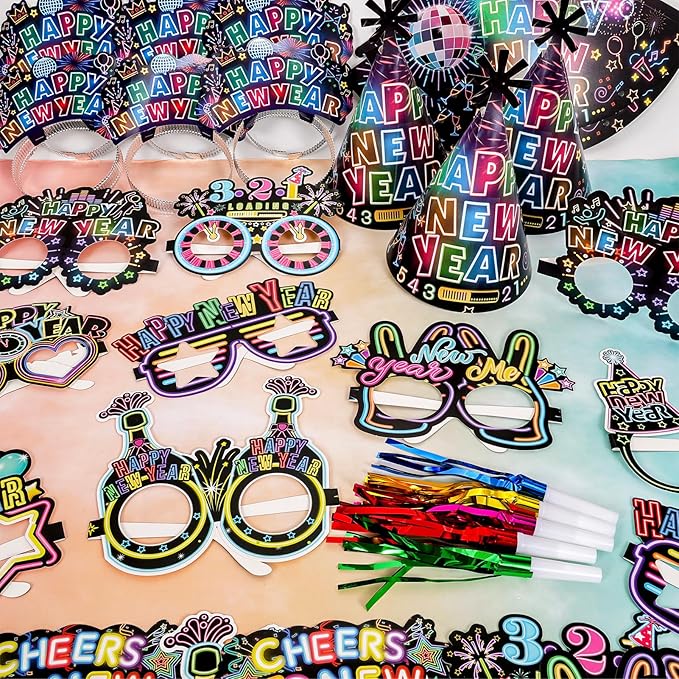 HOWAF 36 Pcs Glitter New Year's Eve Party Supplies Kit, 2026 Happy New Year Eve Shiny Firework Party Supplies-New Year Headband Eyeglasses New Year Top Hats New Year Fringed Noisemaker