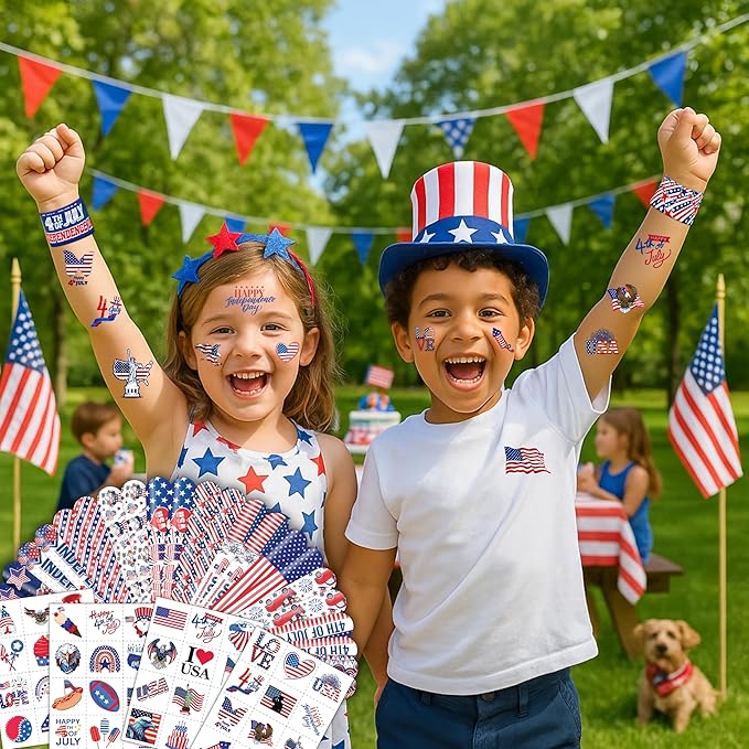 72 PCS Fourth of July Party Favors - 48 Temporary Pre-Cut Tattoos & 24 Slap Bracelets - Party Favors for Boys & Girls, Birthday Goodie Bag Fillers, Baby Shower Gifts, Classroom Rewards