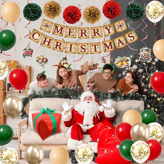 Roetyce Christmas Party Decorations, Vintage Merry Christmas Banner Balloons Hanging Swirls Kit Indoor Outdoor, Funny Home Xmas Party Supplies Photo Backdrop Background