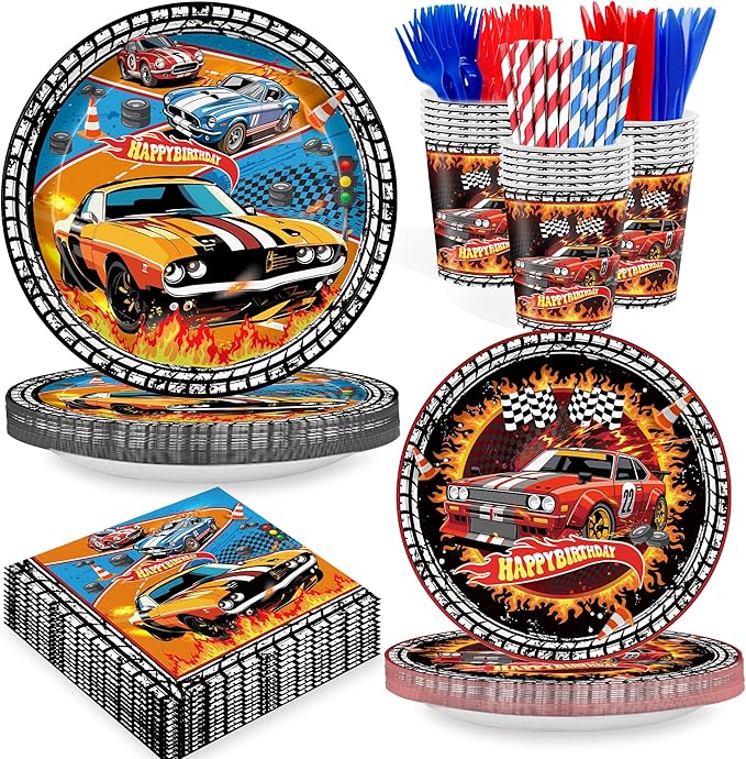 168PCS Race Car Party Supplies for Boys Plates and Napkins Cups Straws for Birthday Hot Car Party Themes for Kids Boys Racer Tableware Set 24 Guests