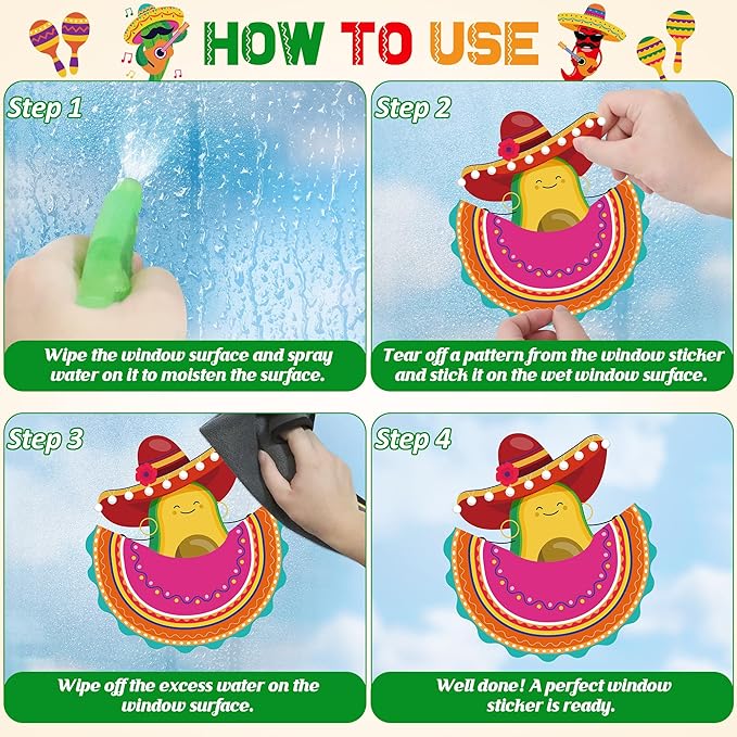 72 PCS Cinco De Mayo Decorations, 9 Sheets Cinco De Mayo Window Clings, Double-Sided Mexican Stickers with Tacos Guitars Cactus Peppers Designs, Fiesta Party Decor for Window Glass Home Store