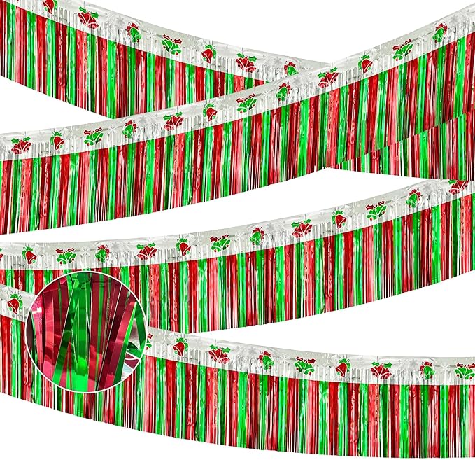 4 Pack 39Ft Christmas Parade Floats for Trailer Car, Bells & Snowflakes Foil Fringe Garland Tinsel Streamers Hanging Banner Table Skirts for Christmas Homecoming Birthday Party (Bell)