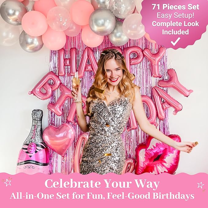 Vidal Crafts Pink Birthday Decorations – 71-Piece Happy Birthday Decorations with Latex, Foil & Confetti Balloons, Happy Birthday Banner & Foil Fringe Curtains for Fun Birthday Parties