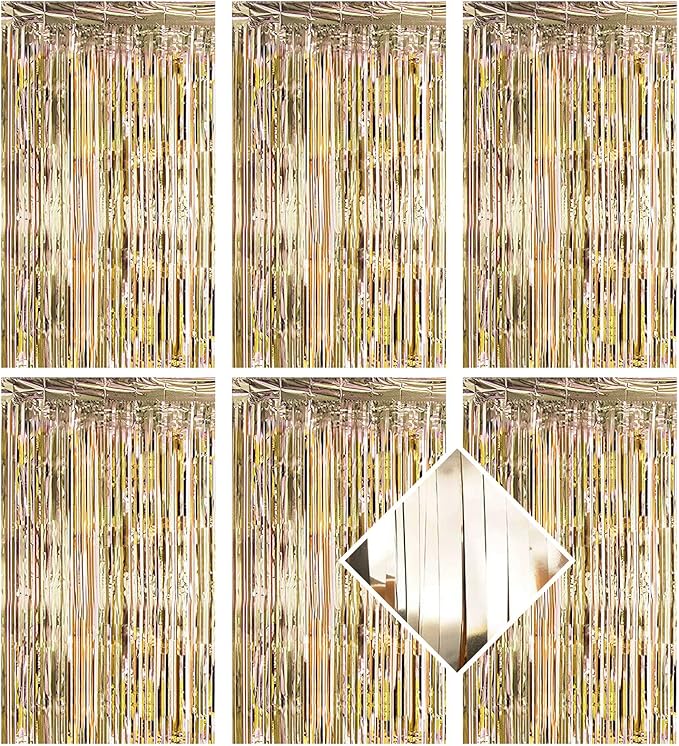 6 Pack Champagne Gold Foil Curtain Backdrop 3.2ft x 6.6ft Metallic Tinsel Fringe Backdrop Curtains Streamer Photo Booth for Birthday Engagement Bachelorette Christmas Holiday Party Décor