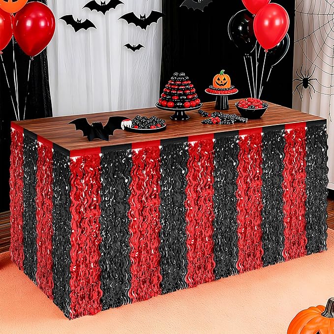 2 Pack Desk Skirt, Black Red Desk Grass Skirt for Table, Halloween Metallic Wavy Tinsel Foil Fringe Table Skirts, Foil Table Skirt for Halloween Graduations Birthday Indoor Party Decorations