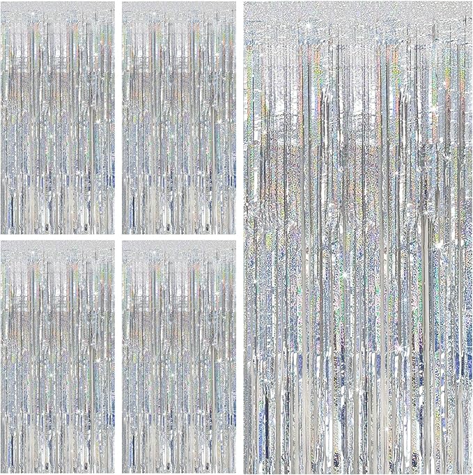 K.E.J. Tinsel Curtain Party Backdrop Silver Birthday Decorations 5 Packs Glitter Foil Fringe Decor Streamers Photo Booth for Christmas Wedding Halloween Graduation (FSD-01)