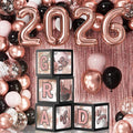 Graduation Party Decorations Class of 2026, 86PCS Pink Black Graduation Party Supplies High School College Grad Balloon Boxes with Letters, Foil Curtains, LED String Light, Balloon Garland Kit