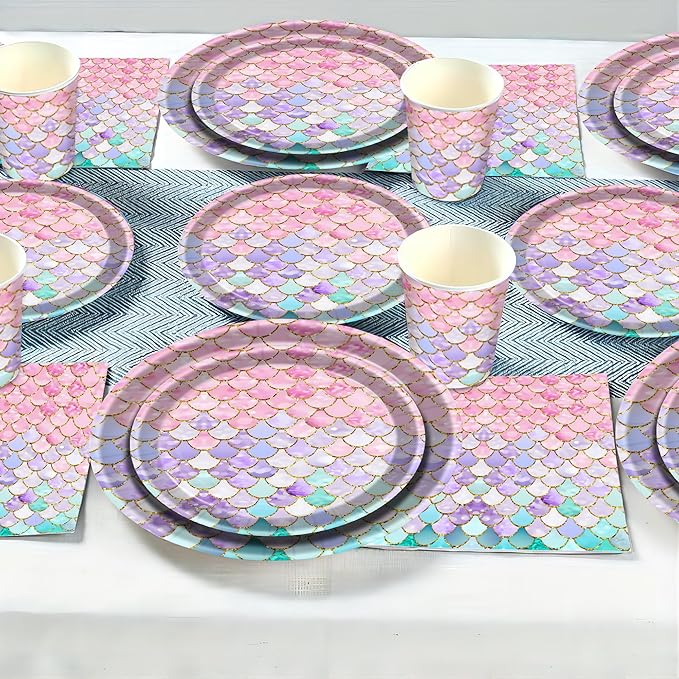 Mermaid Birthday Party Decorations Set - Supplies Include Plates, Napkins, Cups, Tablecloth, Banner for Baby Shower - Ocean Little Mermaid Party Decorations, Serves 25