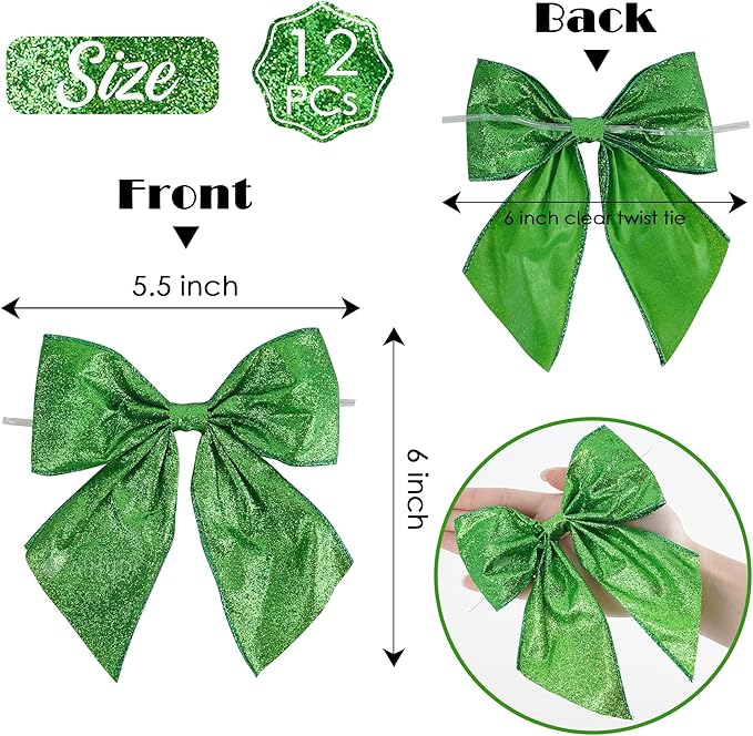 AIMUDI Lime Green Glitter Wired Ribbon Bows with Twist Tie 5.5" Premade Metallic Christmas Bows for Gift Wrapping, Wreath, Garland, Holiday Crafts Party Home Outdoor Christmas Tree Decorations, 12 PCs