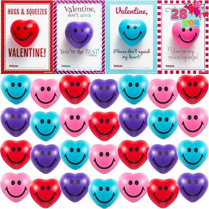 JOYIN 28 Packs Heart Shape Stress Ball with Cards Stress Relief Fidget Toy for Valentine Party Favors, Classroom Prize Supplies, Valentine’s Greeting Cards, Valentine Exchange Gifts