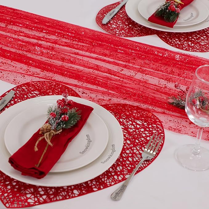 Snowkingdom 6 Pcs Red Glitter Table Runner 10 FT, Sheer Chiffon Sparkle Gauze Cheesecloth Mesh Runners 120 Inch, Red Table Centerpieces Decoration for Birthday Party Wedding Christmas Mothers Day