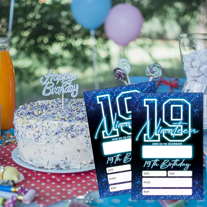 SIXEIGHT Blue 19th Birthday Invitations for Boys, Neon Glow Party Invitations for Girls Kids, 20 Pack Double Sided Invite Cards with Envelopes, 19th Glow Neon Birthday Party Decorations, 4x6 Inch-C52