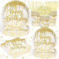 140Pcs Golden Happy Birthday Party Decorations White Gold Paper Plates Napkins Cups Tableware Set Women Men Birthday Themed Party Decor for 20 Guests