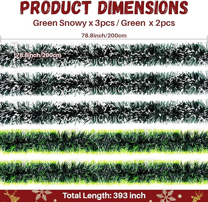 32.8FT RAINFLOW White Green Christmas Garland - Christmas Tinsel Garland Decorations for Xmas Tree Fireplace Mantel Stairs Railing Winter Theme Party Wedding Supplies Indoor Outdoor Holiday Decor