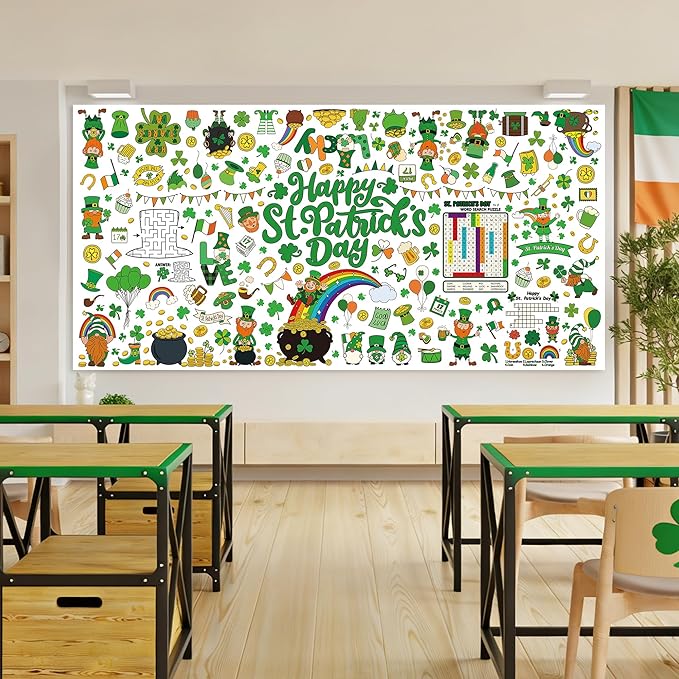 QZYL 54" x 108" Coloring St Patricks Day Crafts, Giant Coloring Table Cloth for Kids, Painting Poster Art Activities Banner Disposable St Patrick's Day Crafts for Home Classroom St Paddys Decorations