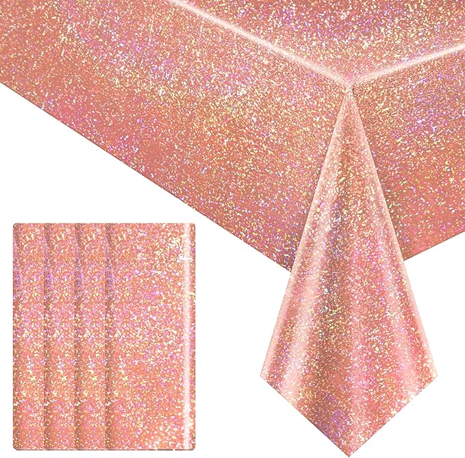 4 pcs Rose Gold Holographic Table Cloth 40" x 108" Shiny Bachelorette Party Decorations Plastic Laser Sparkly Tablecloth Glitter Table Decor for Wedding Anniversary Event Birthday Party Supplies