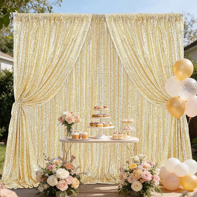 B-COOL Light Gold Sequin Backdrop Curtains 2 Packs 2ftx8ft Sparkle Backdrop Fabric Glitter Backdrop for Party Ceremony Wedding Birthday Decoration