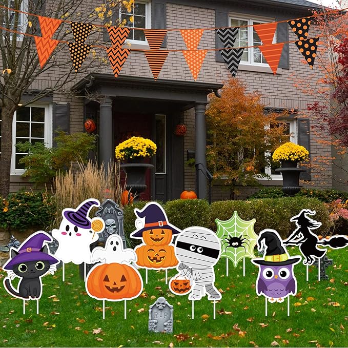 8 Pieces Cute Halloween Yard Stakes Large Halloween Garden Stake Pumpkin Ghost Witch Cat Yard Signs Halloween Lawn Decorations for Halloween Party Patio Outdoor