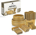 720 Piece Gold Disposable Dinnerware Set (120 Guests) Plastic Dinnerware Set Disposable - 120 Count, 9" Dinner Plates, 7" Dessert Plates, 12oz Cups, Forks, Knives & Spoons- Plastic Party Plates Set