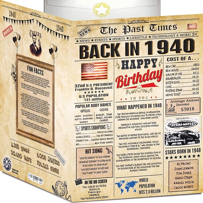 86th Birthday Card for Women Men- Back In 1940 Card - 86th HAPPY BIRTHDAY cards for Him Her - Vintage 86th birthday gifts JUMBO size 86th birthday decorations for husband wife - gift for 86 year old