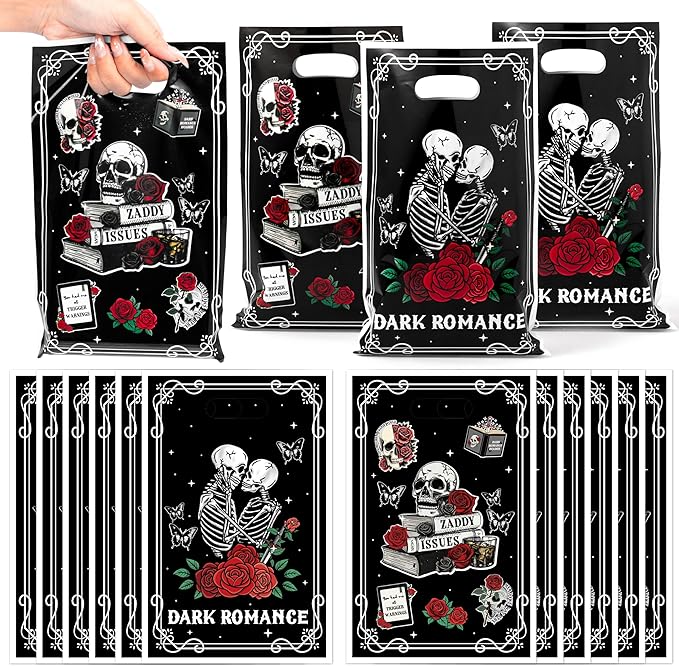 G1ngtar 50Pcs Dark Romance Book Lover Party Favor Bags - Skull Rose Black Gothic Aesthetic Goodie Candy Treat Gifts Waterproof Plastic Bags for Kids Birthday Party Decoration Supplies